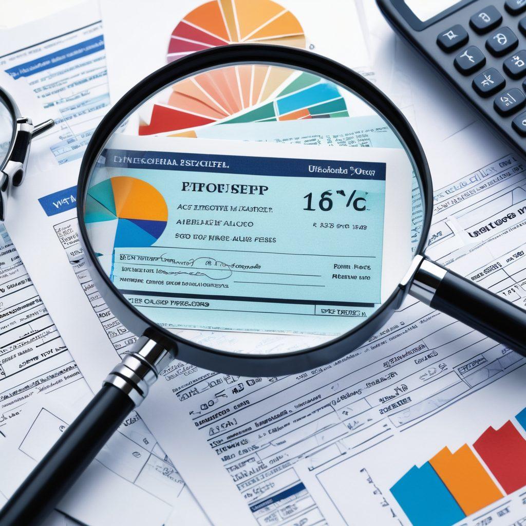 An intricate collage featuring diverse insurance policy documents, a magnifying glass examining fine print, a calculator with financial graphs in the background, and a safe symbolizing protection. The overall theme should convey clarity and wisdom in financial decisions. vibrant colors. vector art. white background.