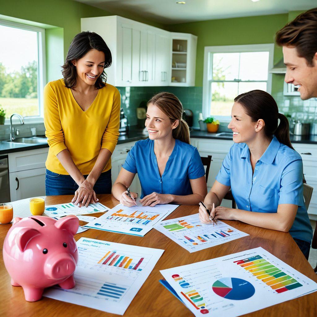 A split scene showcasing a family happily discussing insurance options at a kitchen table, with charts and calculators visible, contrasting with a serene landscape of a piggy bank in a lush green field to symbolize savings and peace of mind. Bright, inviting colors to evoke optimism and financial security. super-realistic. vibrant colors. white background.