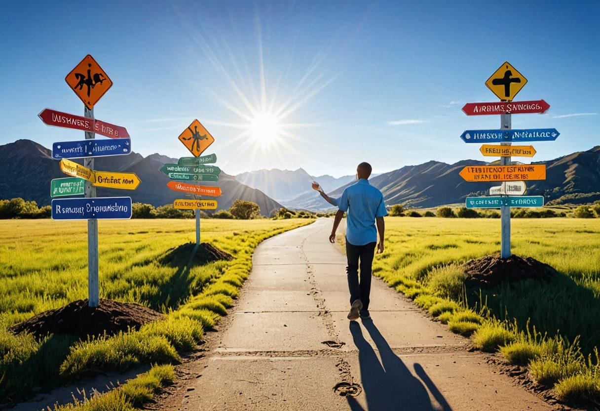 A person standing at a crossroads with multiple signposts labeled with different types of insurance options (health, auto, home, life) casting shadows. A magnifying glass in their hand represents the search for knowledge and understanding. A clear blue sky with the sun shining bright symbolizes clarity and hope. The path diverts into beautiful landscapes illustrating financial savings, security, and peace of mind. vibrant colors. super-realistic.